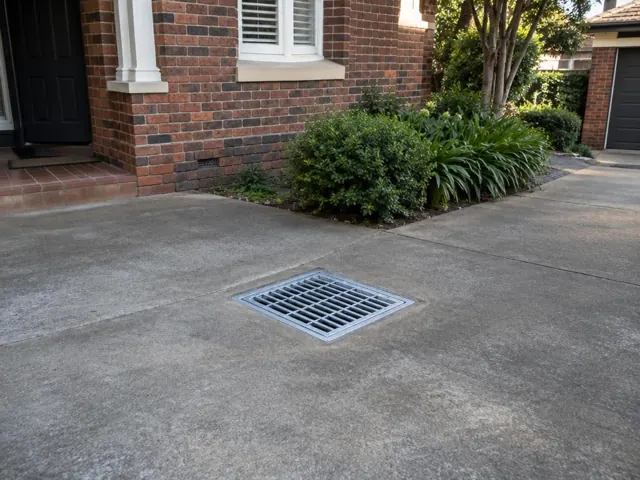 Dry concrete driveway with a metal drain grate beside a brick house in Bellevue Hill