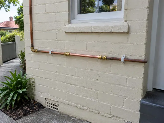 Repaired copper water pipe on a painted brick exterior wall under a window in Bellevue Hill