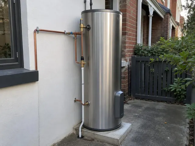Stainless steel hot water tank beside a brick wall and window with copper pipework in Woollahra
